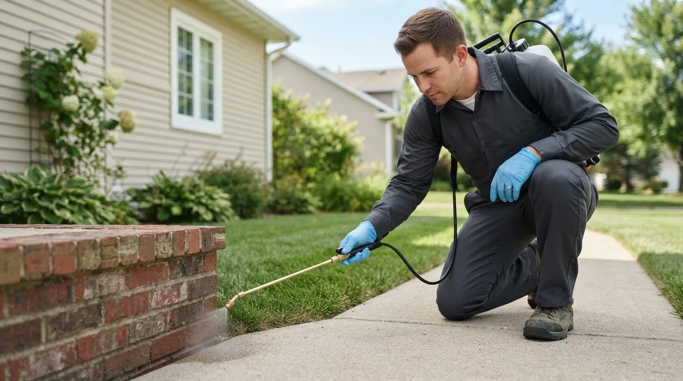 Pest control technician treating a home near Sutherland, IA